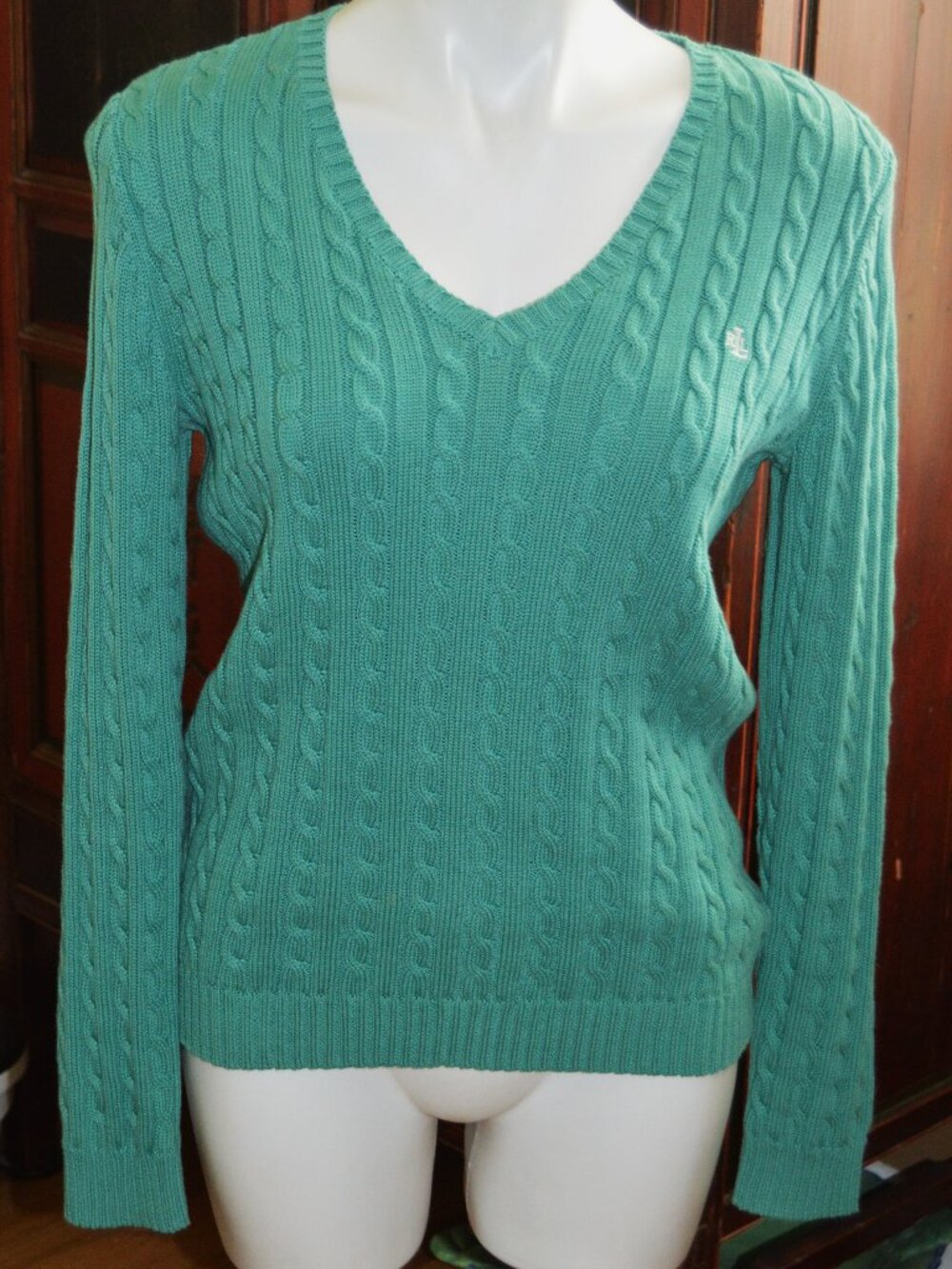 Ralph Lauren Lauren) M Cotton V neck Womens Aqua